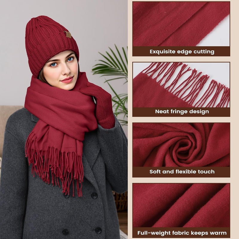Premillow Women Winter Hat Beanie+Long Scarf+Touch Screen Gloves Set, Warm Clothes Set with Knit Fleece Lined for Women/Men Winter - Image 4